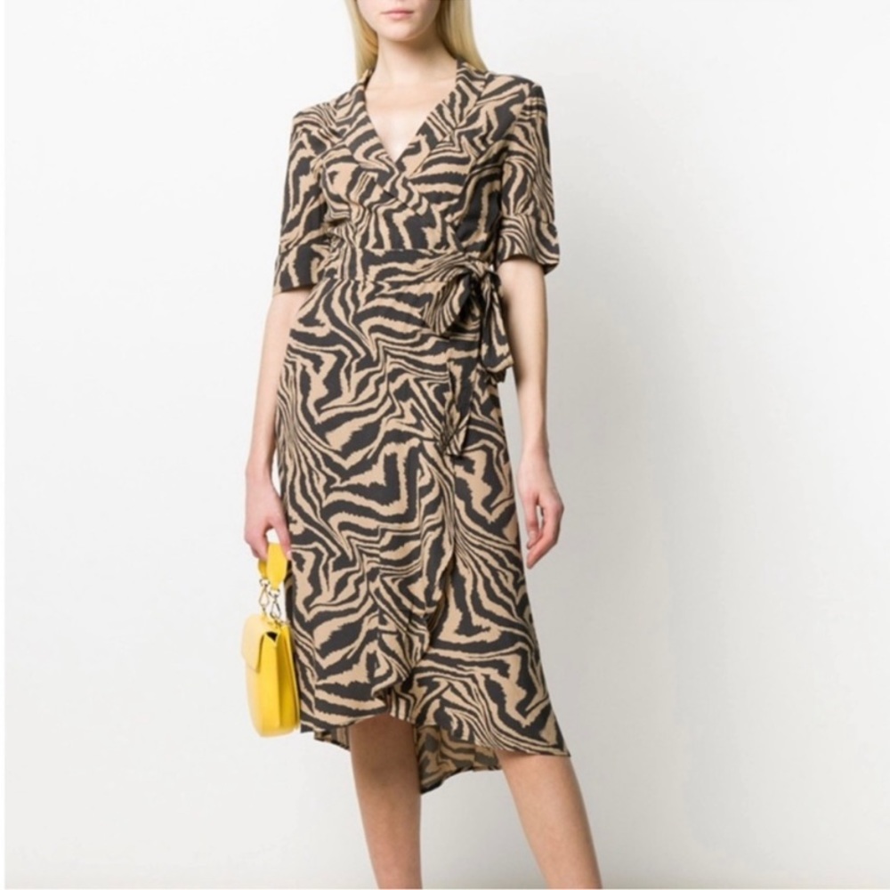 GANNI womens Tiger print wrap dress brown black size 36 USA size 4